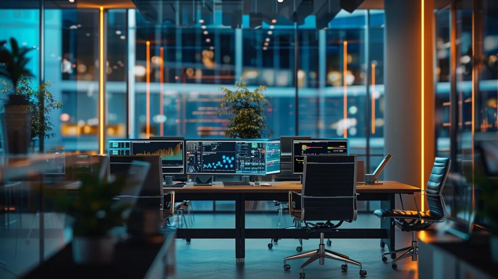 a modern office space with sleek desks and high-tech screens displaying analytics and crm dashboards, illustrating small business professionals engaged in dynamic discussions about ai solutions to enhance efficiency and revenue growth.