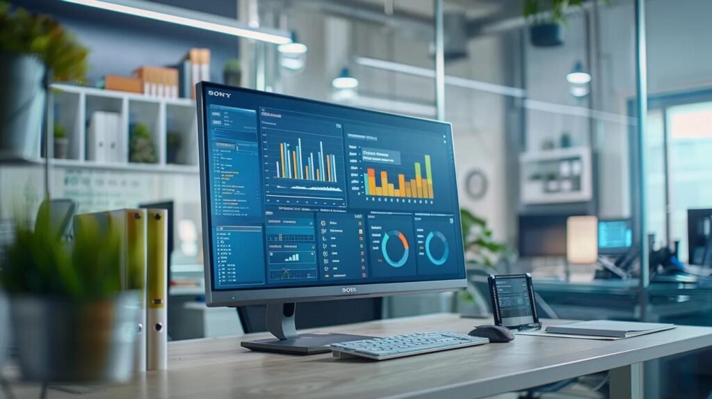Essential AI CRM Features Designed for Small Teams 6 a modern office workspace features a sleek computer displaying an intuitive ai-powered crm interface, with vibrant data visualizations and task reminders, symbolizing how automation enhances efficiency for small teams.