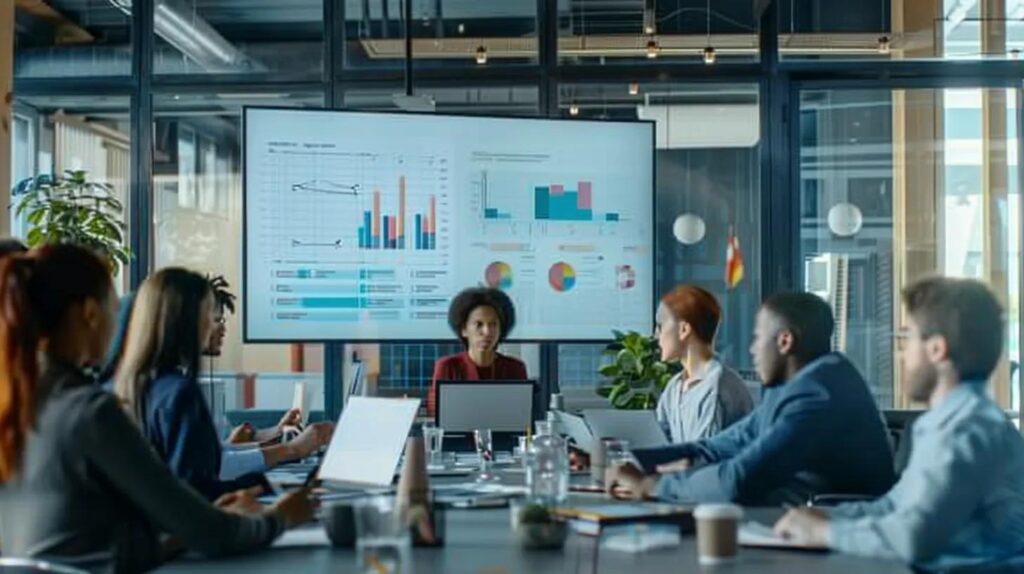 a modern office workspace features a diverse group of small business owners engaged in a dynamic discussion around a sleek table, with a digital screen displaying a flowchart of ai crm integration, capturing their concerns and misconceptions about technology in a vibrant and collaborative atmosphere.