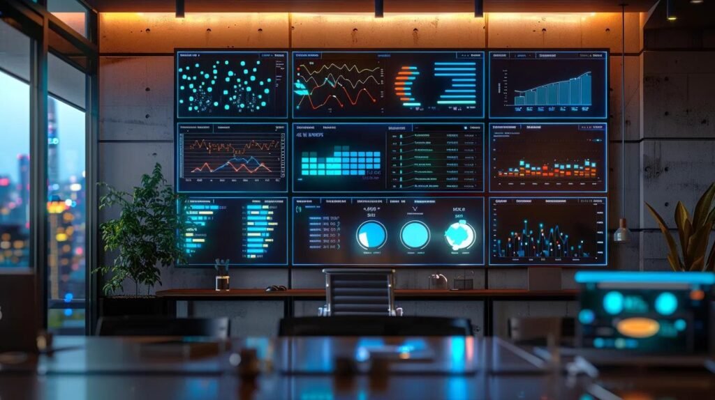 Key AI CRM Features for Successful Lead Management 5 a modern office workspace features a sleek digital dashboard displaying vibrant analytics and lead management tools, highlighting the efficiency and sophistication of ai crm technology.