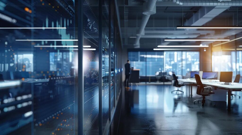 a sleek, modern office adorned with digital displays showcasing a dynamic comparison of ai crm and traditional crm systems, highlighting their key differences amidst a backdrop of engaged small business professionals discussing strategies.