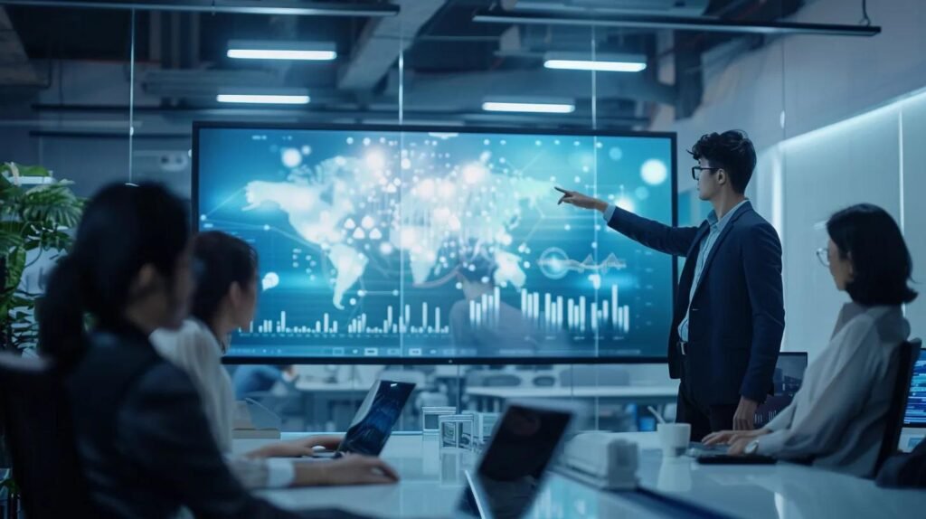 Best AI CRM Tools for Small Business (2025): Pricing & Use Cases 8 a sleek, modern office environment showcases a focused group of professionals engaged in an animated discussion around a large touchscreen displaying various ai crm tools, highlighting their features and potential for sales automation.