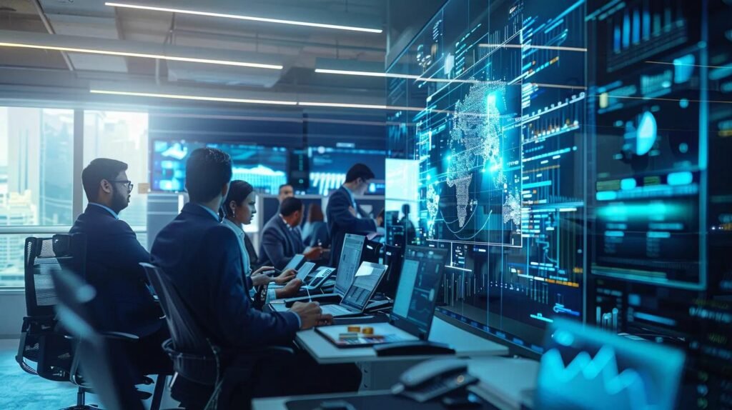 Key AI CRM Features for Successful Lead Management 8 a sleek, modern office environment showcases a diverse team of professionals engaged with vibrant digital interfaces and holographic displays, emphasizing the personalization and innovative features of ai crm systems for enhancing customer relationships.