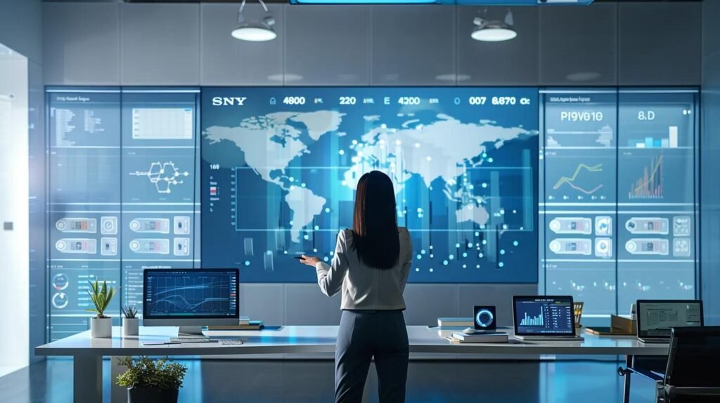 Navigating AI CRM Compliance Standards for Small Business Success 15 a sleek, modern office interior features a large digital display showcasing user-friendly dashboards filled with vibrant compliance data visuals, while a professional-looking businesswoman analyzes predictive analytics graphs on her tablet, embodying the integration of ai crm technology for small business compliance.