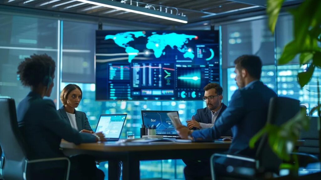 a sleek, modern office setting features a diverse team engaged in animated discussion around a conference table, with digital screens displaying data analytics and ai insights, visually representing the complexities and strategies involved in adopting ai crm solutions.