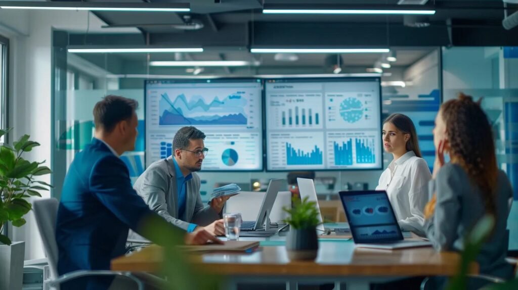 Essential AI CRM Features Designed for Small Teams 5 a sleek, modern office setting features a small team gathered around a high-tech conference table, intently discussing vibrant dashboards displayed on digital screens, highlighting essential ai crm features designed for small teams.