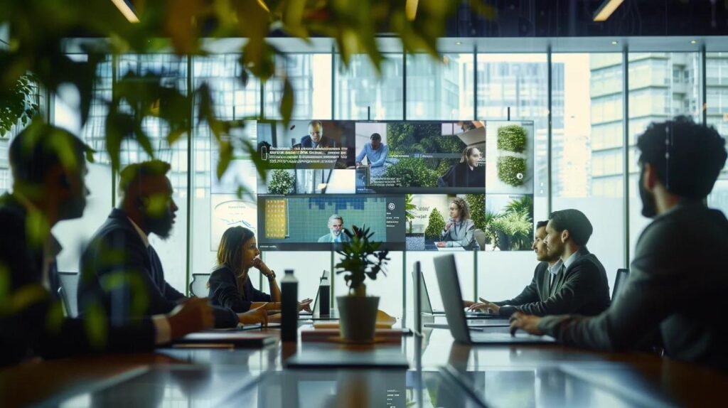 AI CRM Features Supporting Successful Lead Management 7 a sleek, modern office setting showcases a diverse team engaged in a collaborative meeting, surrounded by digital displays illustrating ai crm strategies tailored for the canadian market, emphasizing regulatory compliance and unique customer insights.
