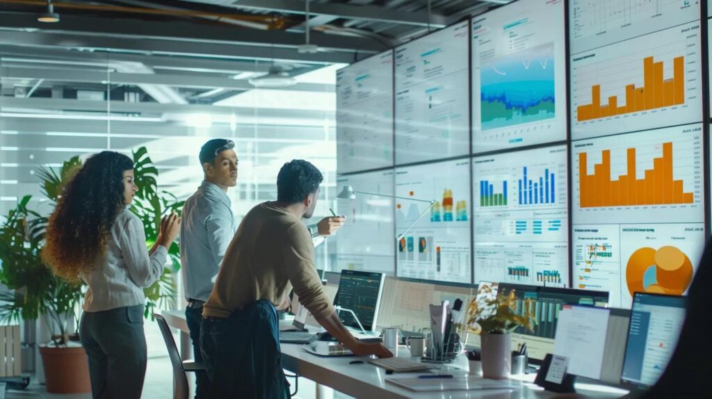 a sleek, modern office space features a diverse group of professionals collaborating around a high-tech dashboard, analyzing real-time data insights from an ai crm system on large screens, embodying the future of small business efficiency.