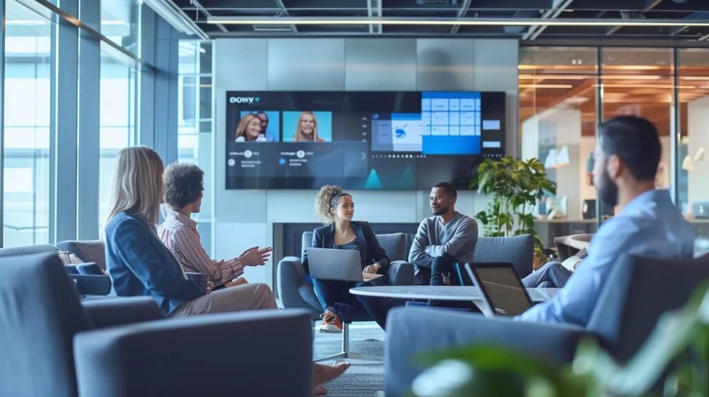 Best AI CRM Tools for Small Business (2025): Pricing & Use Cases 7 a sleek, modern office space featuring diverse professionals engaged in animated discussions around digital screens displaying various ai crm tools, highlighting their distinct functionalities tailored for different business types.