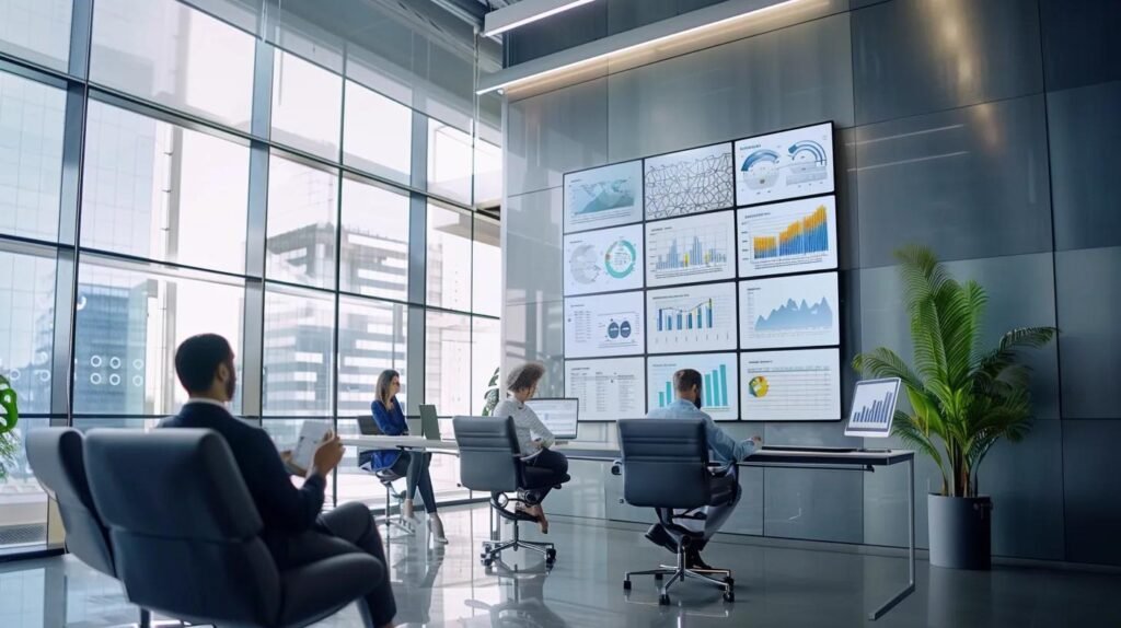 Key AI CRM Features for Successful Lead Management 7 a sleek, modern office space showcases a diverse sales team engaged in dynamic discussions around high-tech screens displaying ai crm dashboards, emphasizing productivity and conversion rate enhancements through innovative technology.