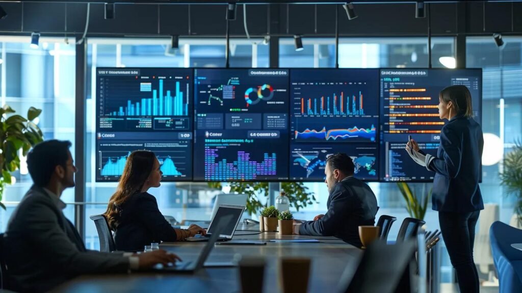Best AI CRM Tools for Small Business (2025): Pricing & Use Cases 6 a sleek, modern office space showcases a diverse sales team engaged in a dynamic brainstorming session, surrounded by high-tech screens displaying vibrant analytics and ai-powered features of a cutting-edge crm tool.