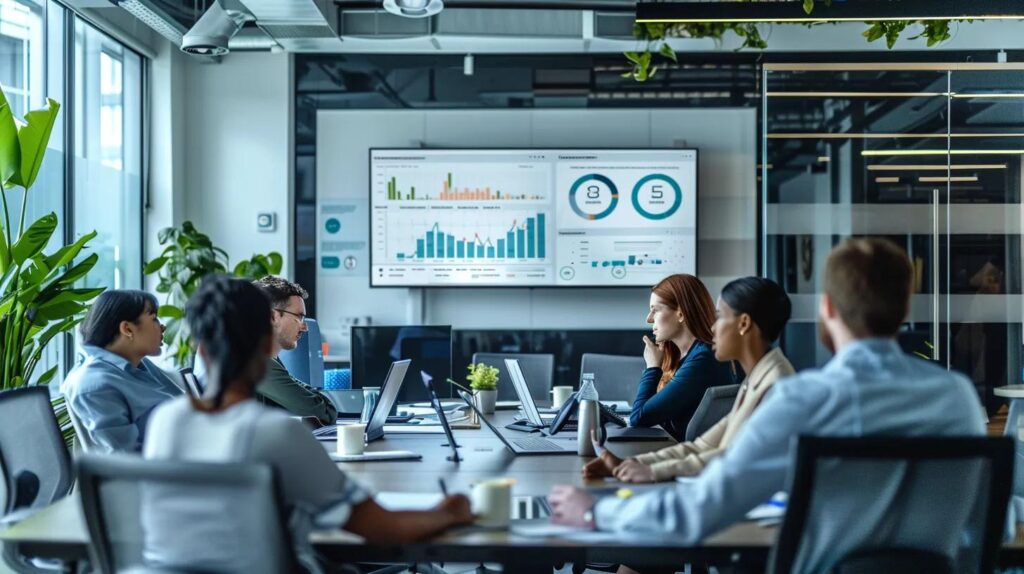 a sleek, modern office space showcases a diverse team engaged in a dynamic brainstorming session, with digital screens displaying vibrant lead scoring analytics that highlight key metrics and potential sales opportunities.