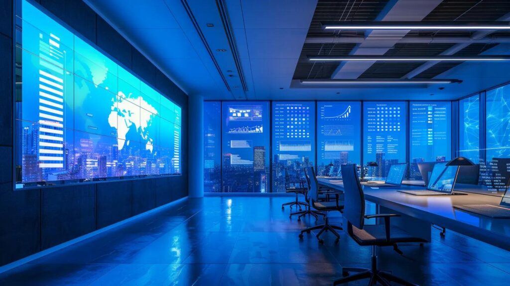 a sleek, modern office with a large digital screen displaying various ai crm pricing plans and analytics, highlighting structured features and business objectives, illuminated by focused overhead lighting to emphasize the clarity and importance of the evaluation process.