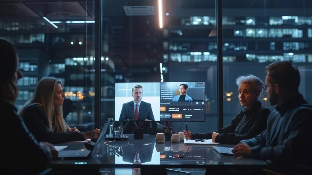 Essential AI CRM Features Designed for Small Teams 7 a sleek, modern office workspace highlights a small team efficiently collaborating around an intuitive crm interface displayed on a large screen, emphasizing ease of use and seamless technology integration in their daily tasks.