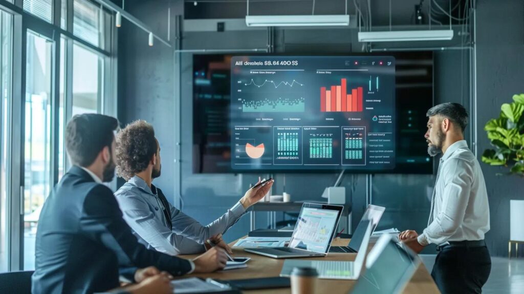 a sleek, modern office workspace features a large digital screen displaying a colorful infographic comparing ai crm pricing models, with professionals engaged in discussion around a high-tech conference table.
