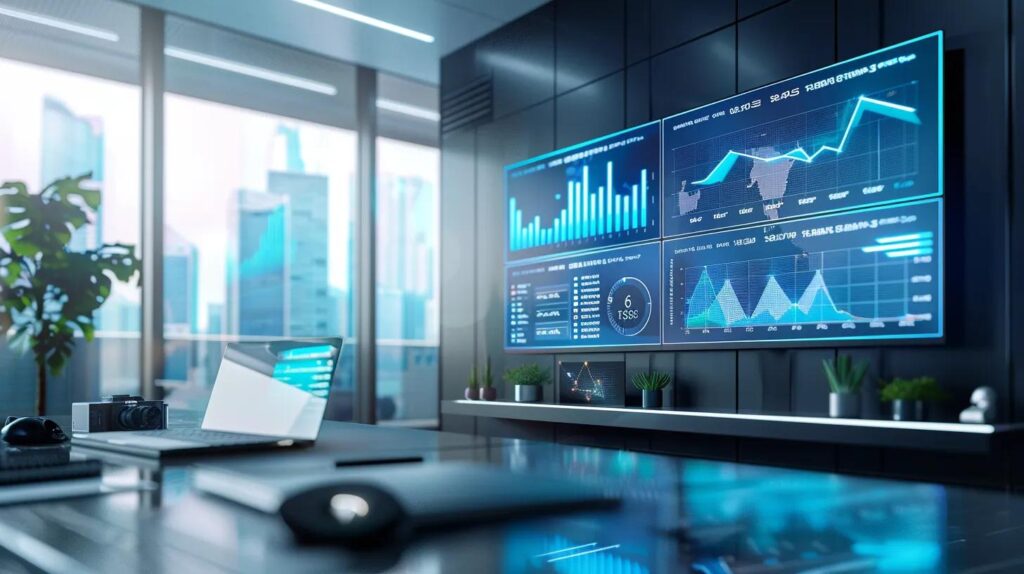 a sleek, modern office workspace features a large digital screen displaying dynamic graphs and analytics, symbolizing the innovative potential of ai in crm systems for effective lead management.