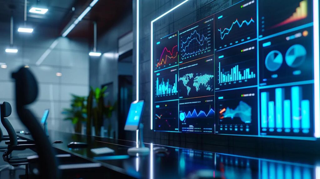 a sleek, modern office workspace features a large digital screen displaying vibrant analytics and ai-driven insights, illuminating the efficient integration of crm technology to boost sales and marketing roi.