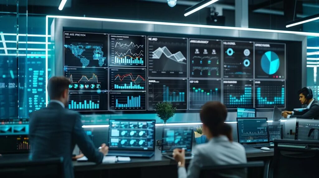 Key AI CRM Features for Successful Lead Management 6 a sleek, modern office workspace features a large digital screen displaying intricate graphs and analytics, illustrating predictive models for lead conversion success, with engaged professionals analyzing data in the foreground.