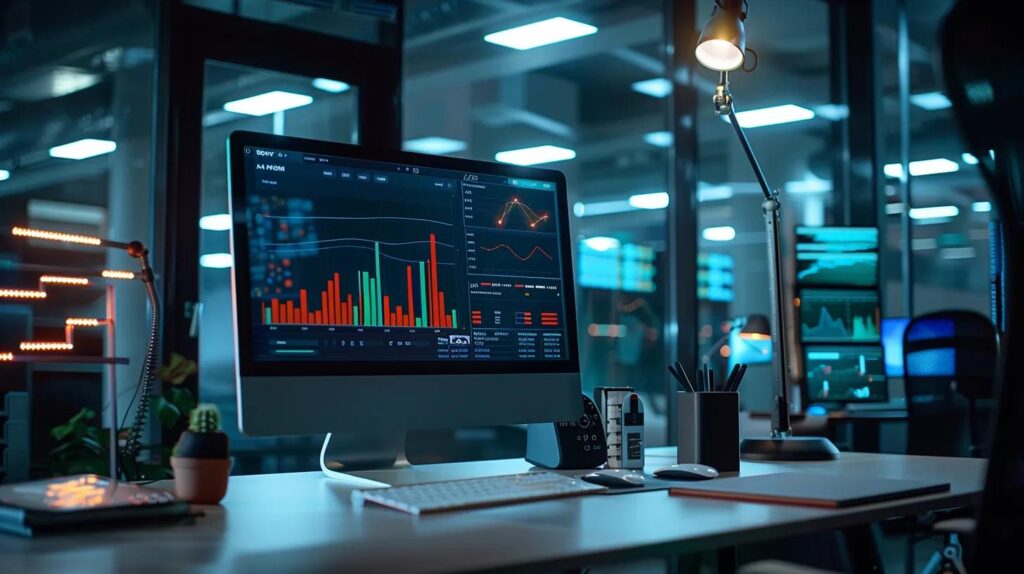 a sleek modern office workspace is illuminated by bright overhead lights, featuring a high-tech computer screen displaying vibrant ai analytics graphs, showcasing the transformative impact of automation on crm for small businesses.