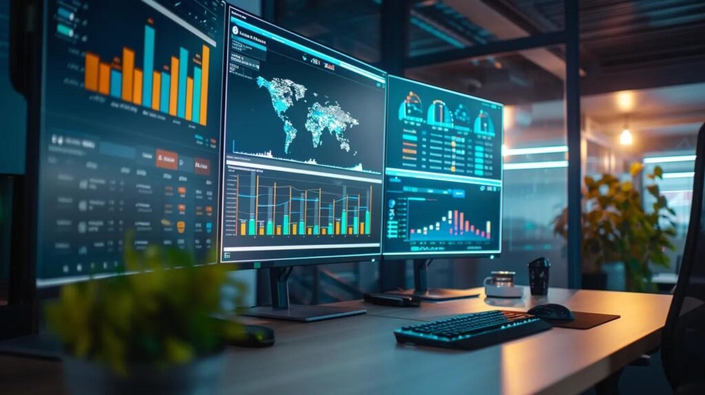 Navigating AI CRM Compliance Standards for Small Business Success 13 a sleek, modern office workspace showcases multiple computer monitors displaying vibrant dashboards and compliance data analytics, emphasizing the critical role of ai in managing gdpr and ccpa regulations for crm systems.