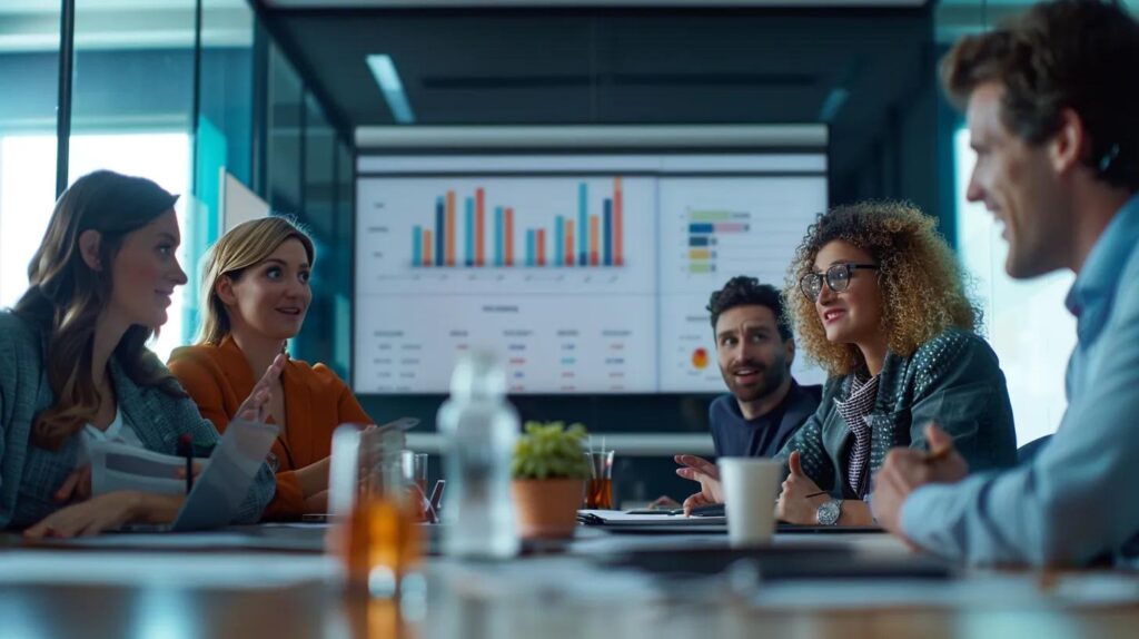 a sleek, modern office workspace showcases a diverse team engaged in a lively discussion around a large digital screen displaying the ai crm system, emphasizing collaboration and innovation in small business operations.