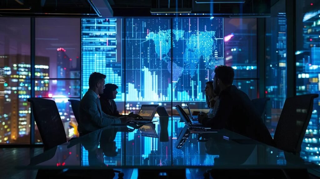 Navigating AI CRM Compliance Standards for Small Business Success 14 a tense office environment captures a small business team gathered around a sleek conference table, anxiously reviewing compliance reports on digital screens, highlighting the serious implications of ai crm risks and regulatory penalties.