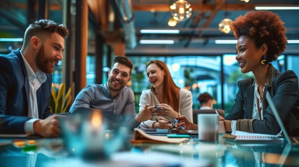 Navigating AI CRM Compliance Standards for Small Business Success 21 an engaging office scene showcases a team of diverse consultants collaborating over digital devices and compliance charts, emphasizing their expertise in ai crm compliance strategies and regulatory guidance for small businesses.