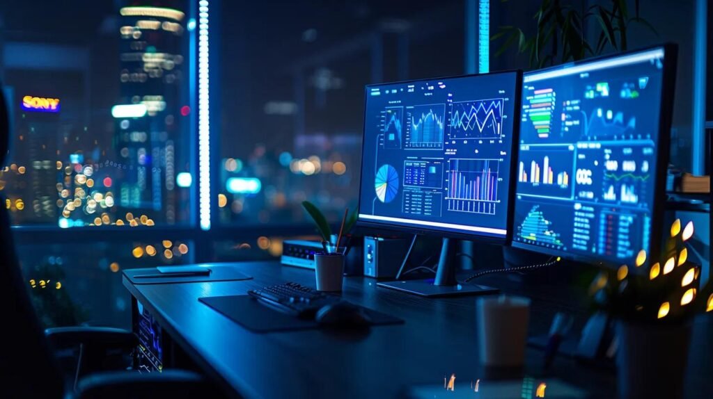 Navigating AI CRM Compliance Standards for Small Business Success 18 an illuminated modern office workspace displays sleek computer screens showcasing dynamic graphs and analytics, symbolizing ai's role in minimizing human error in compliance processes through automated data monitoring and risk assessment.