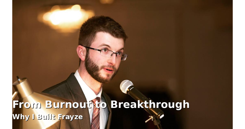 Denis Mahoney speaking at a podium, representing his journey from burnout to building Frayze Technologies