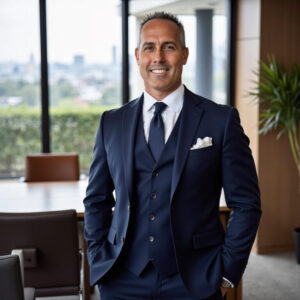 Joseph A. Cala wearing a navy suit, standing confidently in a modern office with city view in the background.