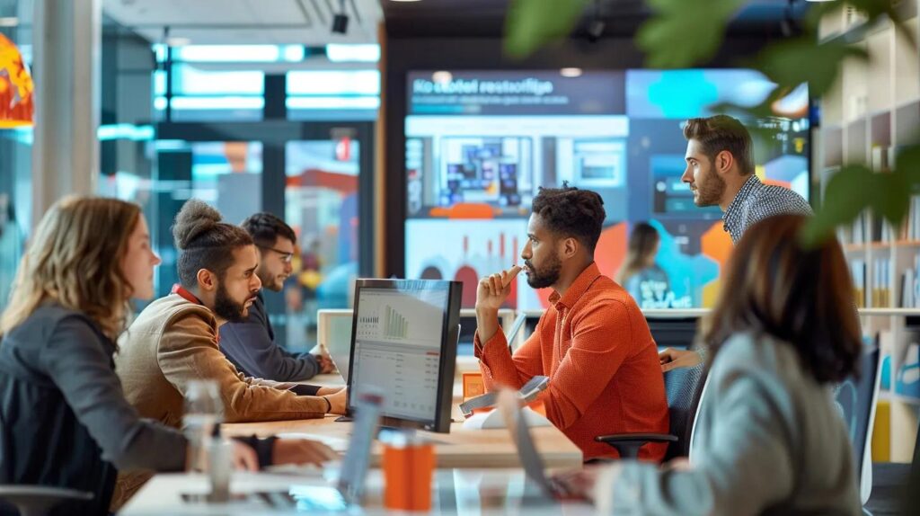 a dynamic office environment features professionals engaged in collaborative discussions, surrounded by digital displays showcasing a vibrant multi-channel marketing strategy, highlighting the effectiveness of email, social media, and content marketing for lead generation.