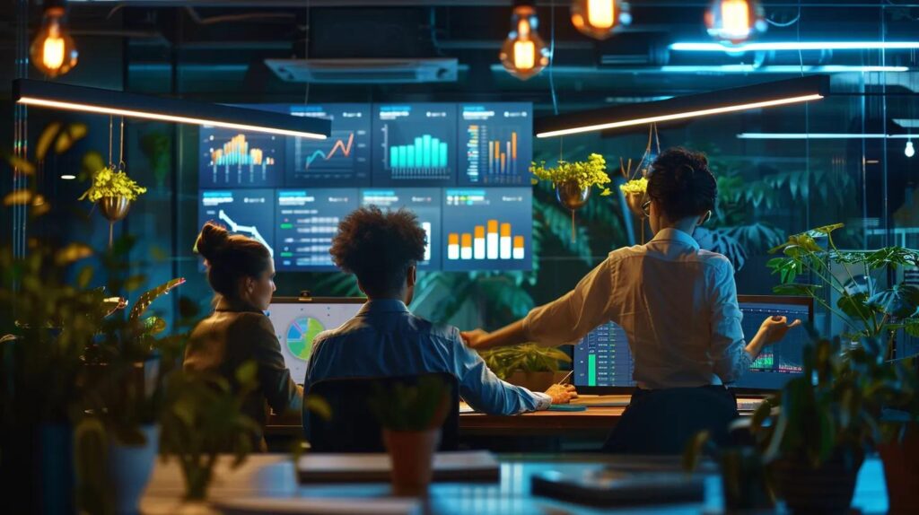 a dynamic office environment filled with engaged professionals collaborating over a digital dashboard displaying vibrant metrics and lead generation strategies, illuminated by warm artificial lighting to enhance a sense of innovation and energy.