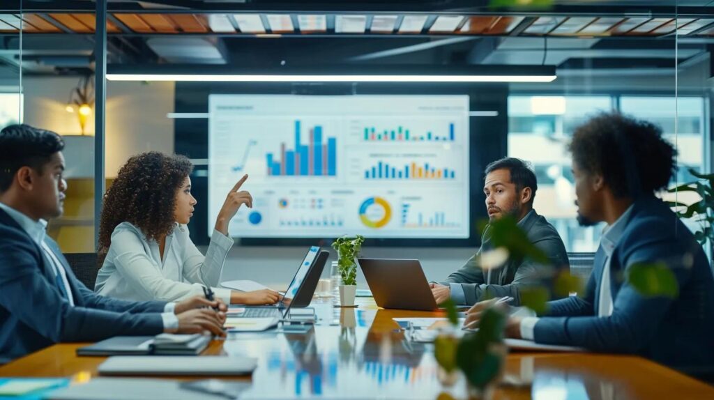 a dynamic office scene showcases a diverse team engaged in a strategy session around a modern conference table, analyzing digital graphs and lead data on sleek laptops, conveying the urgency of overcoming lead acquisition challenges.