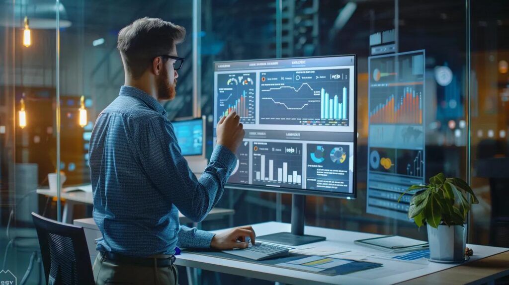 a dynamic office setting showcases a focused professional analyzing digital dashboards filled with vivid graphs and charts, illustrating real-time lead generation metrics and roi optimization strategies.