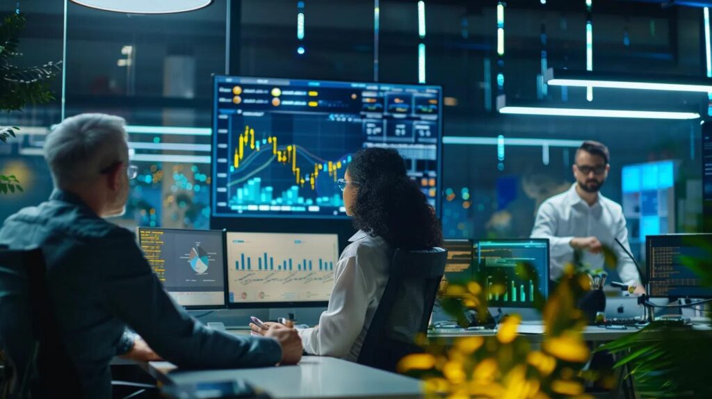a dynamic office workspace filled with diverse professionals collaborating over digital charts and analytics on sleek screens, symbolizing the innovative strategies small businesses use to overcome lead generation challenges.