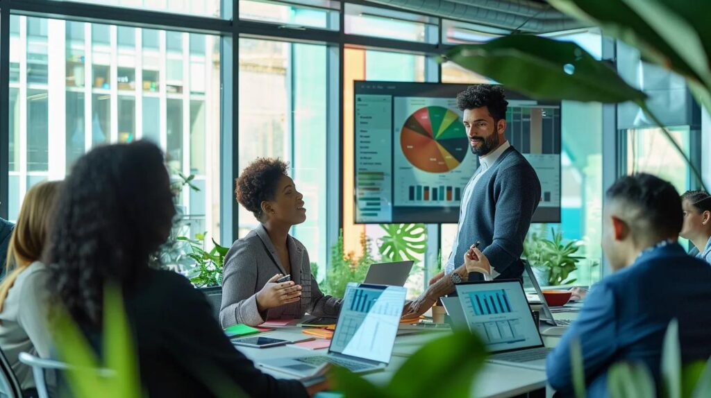 a modern office space showcases a collaborative team meeting, with diverse professionals engaged in an intense discussion around a digital screen, analyzing graphs and charts that highlight their crm assessment process.