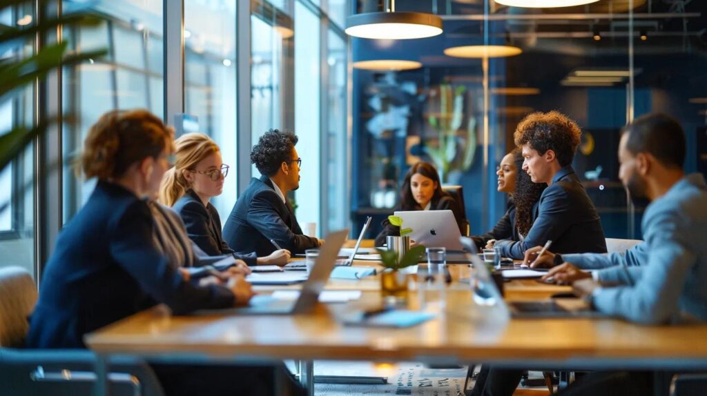 a modern office workspace features a sleek conference table surrounded by attentive business professionals, all engaged in a vibrant discussion while analyzing various crm software displays on laptops and tablets, reflecting the theme of choosing the right crm for small to medium businesses.
