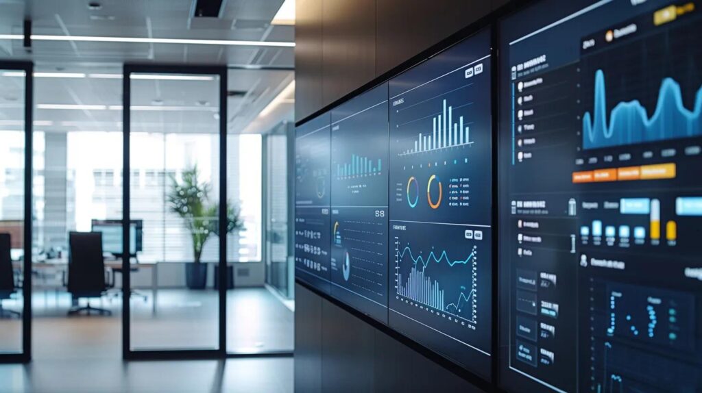 a sleek, modern office with digital dashboards displaying vibrant kpis and analytics on large screens, emphasizing the dynamic tracking of lead acquisition strategies in a high-tech environment.