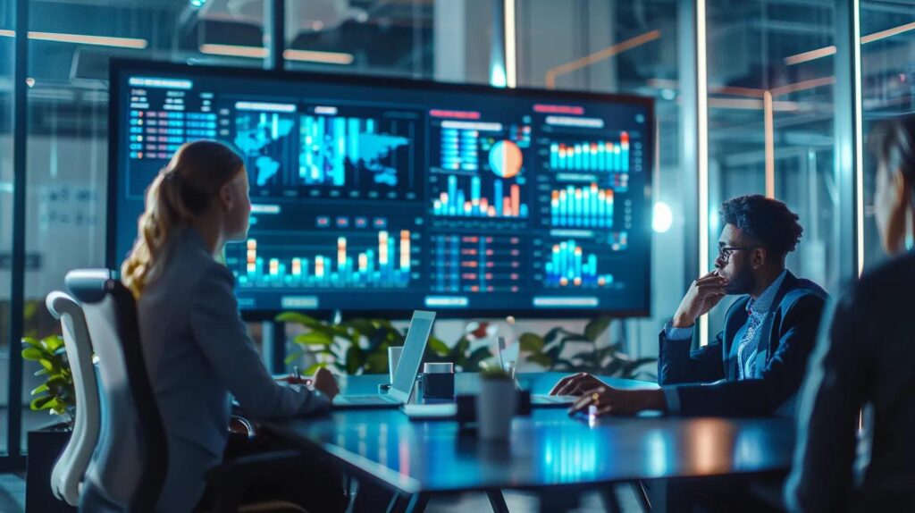 a sleek, modern office space features a large digital screen displaying vibrant graphs and data insights on lead generation budgets, with professionals engaged in focused discussions around a sleek conference table.