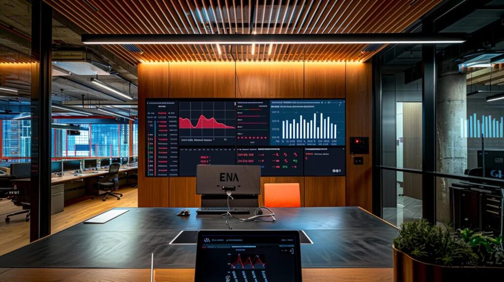 a sleek, modern office workspace showcases a vibrant digital dashboard displaying engagement metrics and budget allocations, illuminated by dynamic led lights that emphasize the theme of maximizing roi in lead generation.