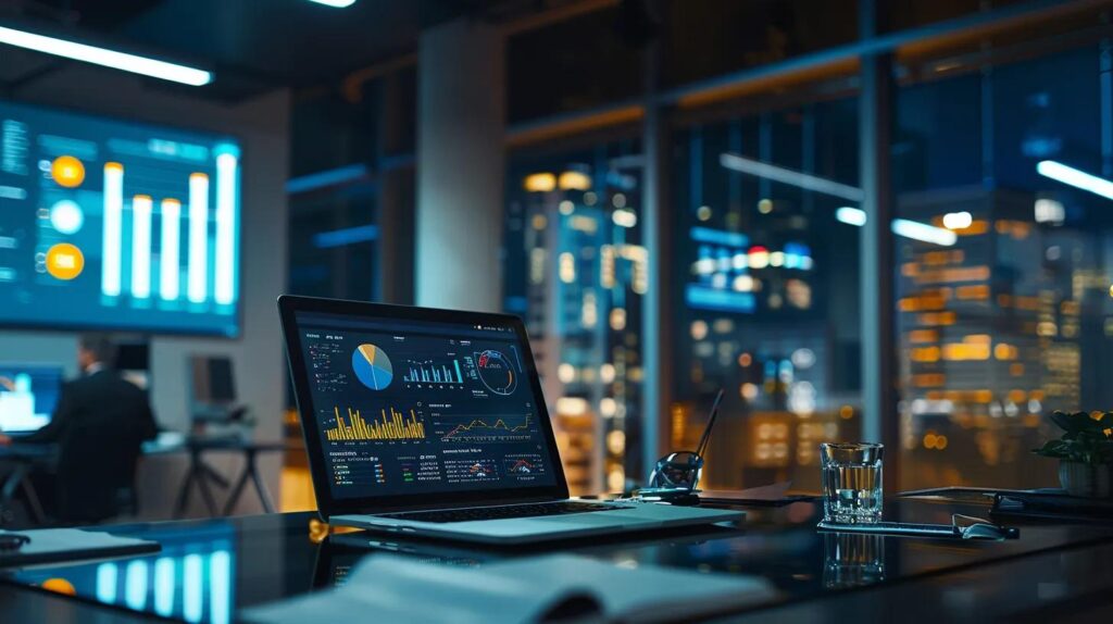 a sleek, modern office workspace is illuminated by bright, focused lighting, featuring a large table with strategic marketing charts, a laptop displaying data analytics, and professionals engaged in a dynamic discussion about innovative lead acquisition strategies.