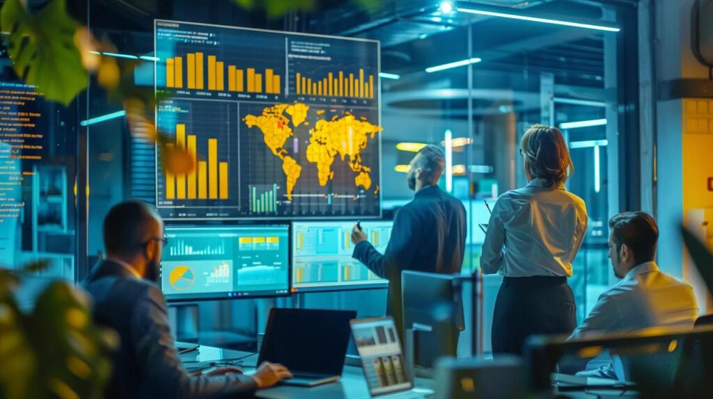 a vibrant office environment showcases a diverse team of professionals analyzing dynamic lead generation budgets on large screens, surrounded by digital marketing charts and industry-specific trends, emphasizing the strategic differences in budgeting across various business types.