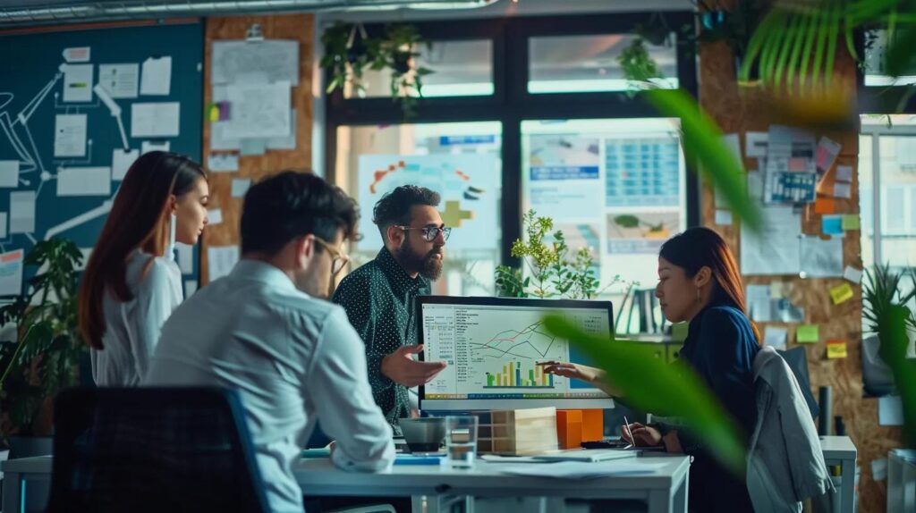 a vibrant office setting showcases a diverse group of professionals collaborating over a digital marketing strategy, with visual elements of local seo concepts displayed on a sleek touchscreen monitor, highlighting keywords and geographic maps that symbolize community outreach and increased visibility.
