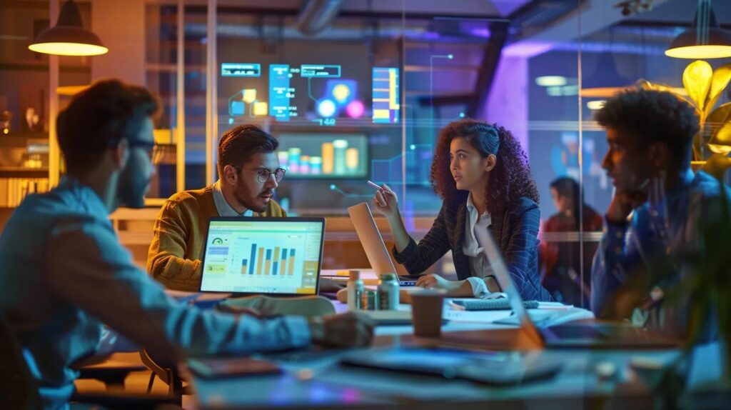 a vibrant office workspace showcases a bustling small business environment, featuring engaged team members collaborating over digital marketing strategies on sleek laptops, surrounded by visual displays of graphs and charts highlighting effective lead generation techniques.