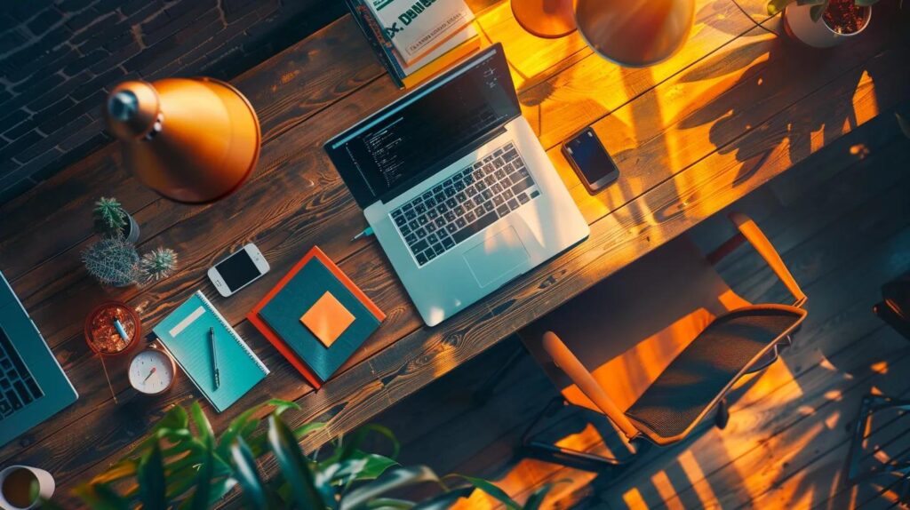 a vibrant office workspace features a sleek laptop opened to a visually engaging ebook cover, surrounded by colorful lead magnet examples displayed prominently, illustrating the innovative strategies small businesses can use to capture leads.