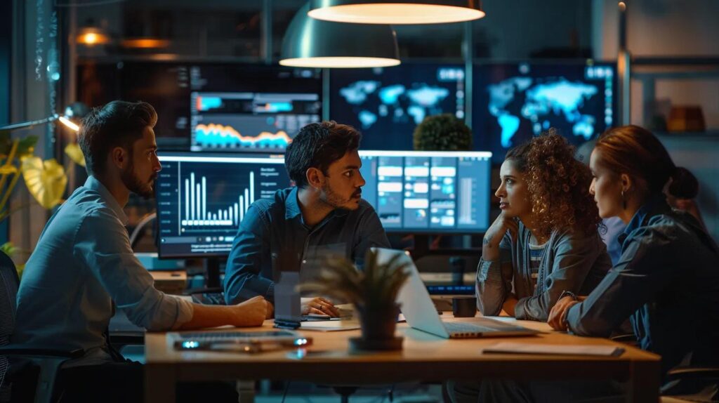 an engaging office scene features a diverse team of professionals collaboratively discussing a digital marketing strategy, surrounded by screens displaying analytics and automated workflows, highlighting the importance of nurturing leads to enhance sales.