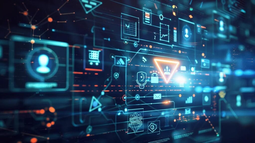 a sleek and modern digital workspace features icons for automation, ai, crm, email, and chatbots seamlessly flowing into a glowing funnel, symbolizing business growth, set against a backdrop of subtle blueprints and schematic elements in cool tech-inspired tones of blue, white, and silver.