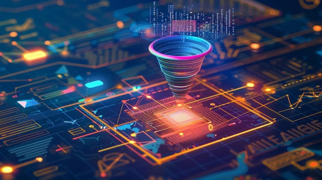 a sleek, modern digital workspace showcases a dynamic funnel where vibrant icons for automation, ai, and chatbots seamlessly converge, symbolizing business growth against a minimalist background of subtle blueprints and tech-inspired tones, evoking a sense of professionalism and innovation.
