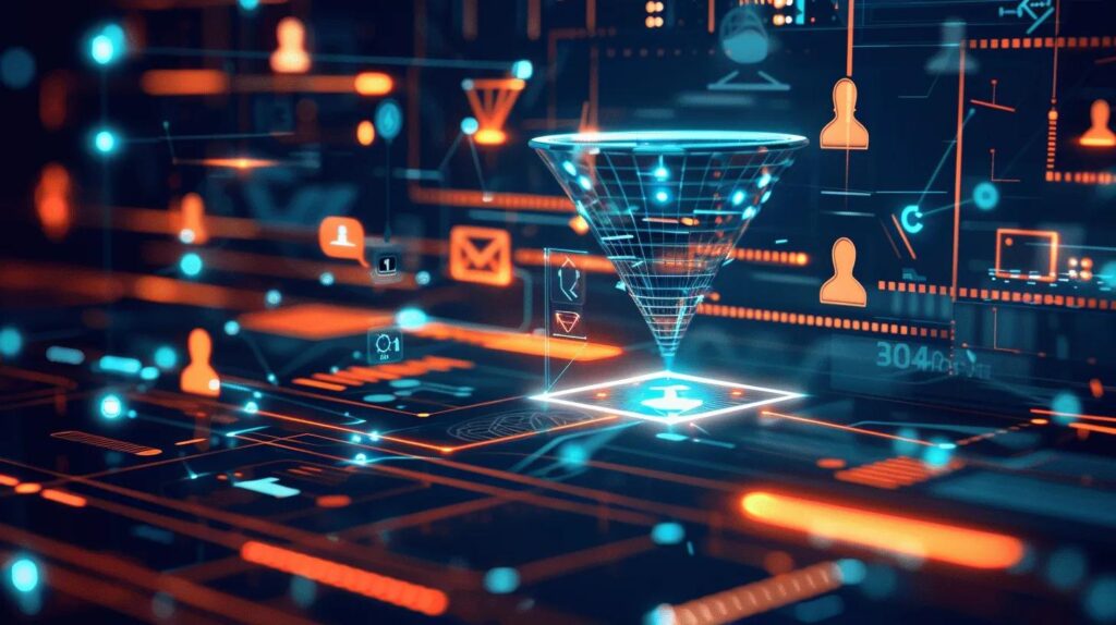 a sleek, modern digital workspace showcases a glowing funnel integrating icons for automation, ai, crm, email, and chatbots, subtly enveloped by blueprint elements, all rendered in cool tech-inspired tones of blue, white, and silver, conveying dynamic business growth for a tech-savvy audience.