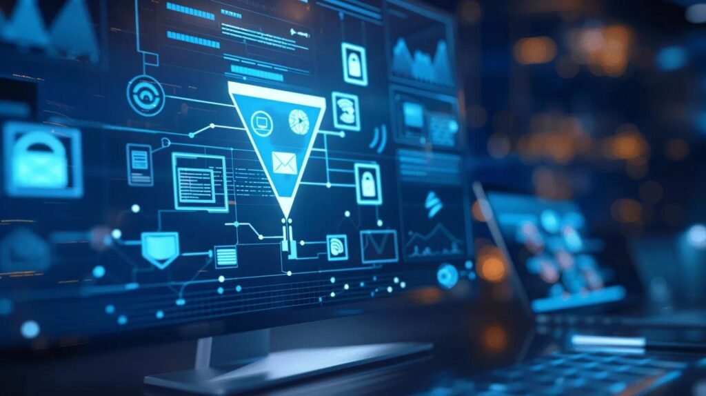 a modern digital workspace featuring sleek icons for ai automation tools and chatbots flowing into a glowing funnel that symbolizes business growth, set against a subtle blueprint background in cool tones of blue and silver for a tech-savvy audience.